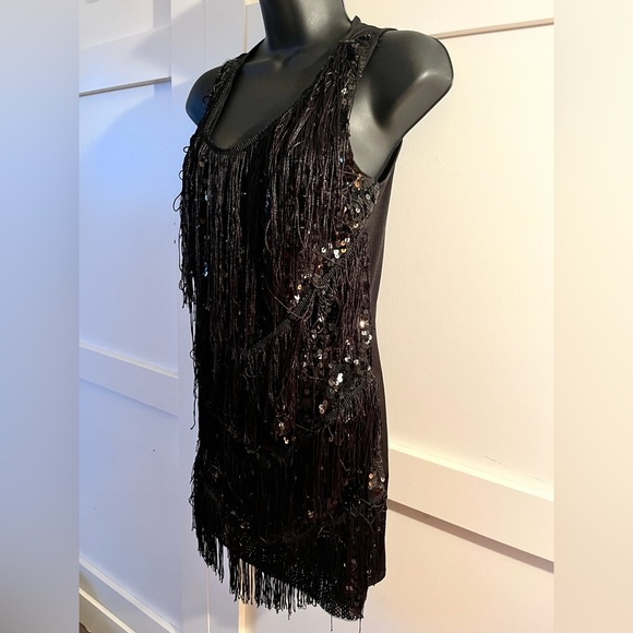 Black Sequin Fringe dress vintage Gatsby dress fringe sequence stampede western - Picture 5 of 11